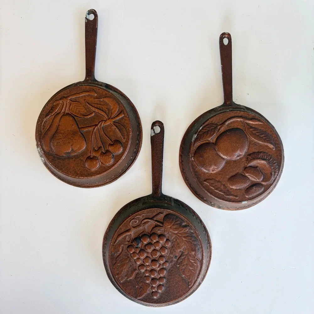 Vintage Set of 3 Fruit Embossed Cast Metal Copper Tone Wall Hanging Molds 9.75in
